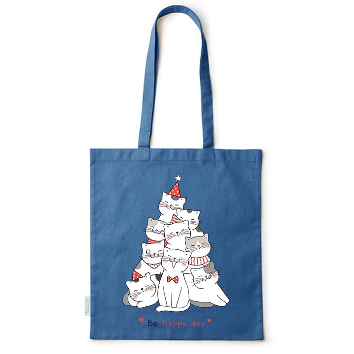 Go For It Shopper fazonú pamut táska mintával, Merry Catmas, 38×42cm, Kék, AB-BDY285