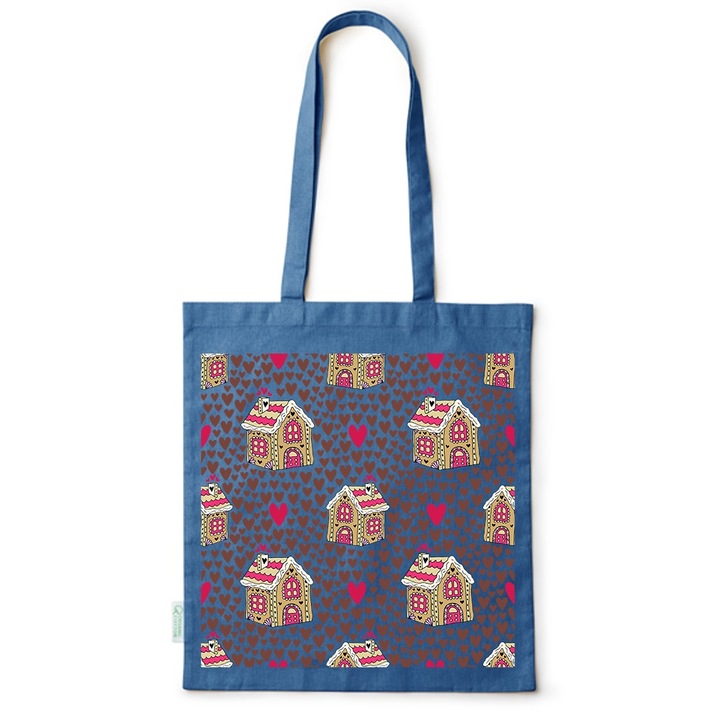 Intelli® Oko-barat pamut bevasarlotaska hosszu fullel, teli mintas, 38, Kék, 38 x 42 cm