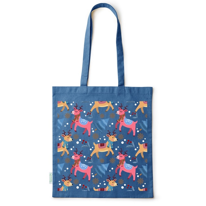 Go For It Shopper fazonú pamut táska mintával, Winter Pattern - Rudolf, 38×42cm, Kék, AB-BDY261