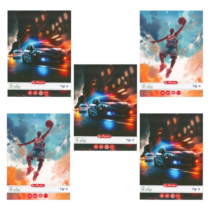 Set 5 caiete Herlitz A5 24 file 80g/mp Tip II - motiv Dinamic Baieti