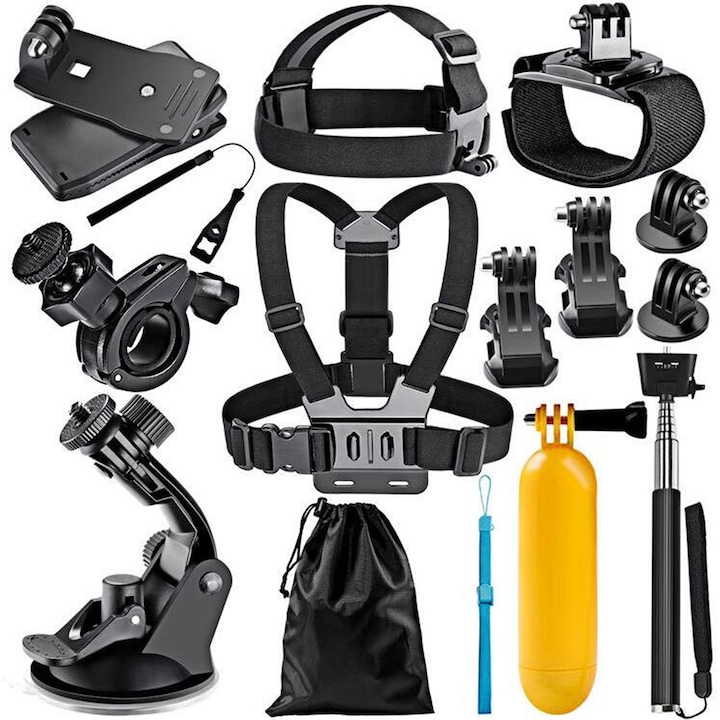 Комплект аксесоари 12 в 1, Zggzerg, с лента за глава, презрамка за гърдите, селфи стик, регулируем, за GoPro Hero, SJCAM, EKEN, екшън камери Ausek, ABS+неръждаема стомана, черен