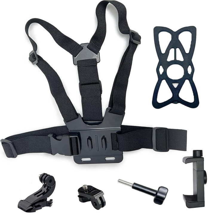 Ham Piept Dedicat Camerelor De Actiune, Zggzerg, 6-In-1, Cu adaptor, surub pivot, Bretele intarite, Reglabil, Impotriva alunecarii, Usor de instalat si indepartat, Pentru smartphone, camere foto, GoPro, Plastic/Nailon, Negru