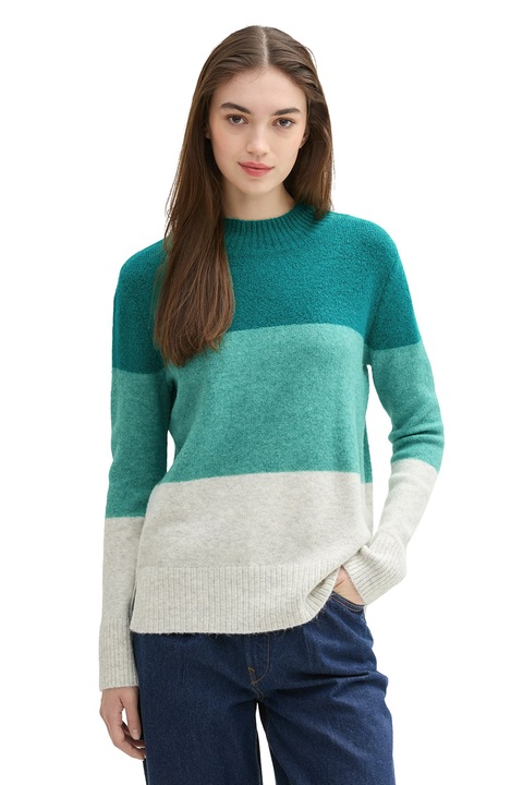 Tom Tailor, Pulover in dungi cu decolteu la baza gatului, Verde/Alb fildes