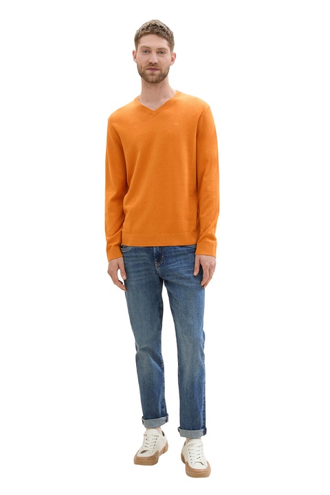 Tom Tailor, Pulover tricotat fin cu decolteu in V, Portocaliu