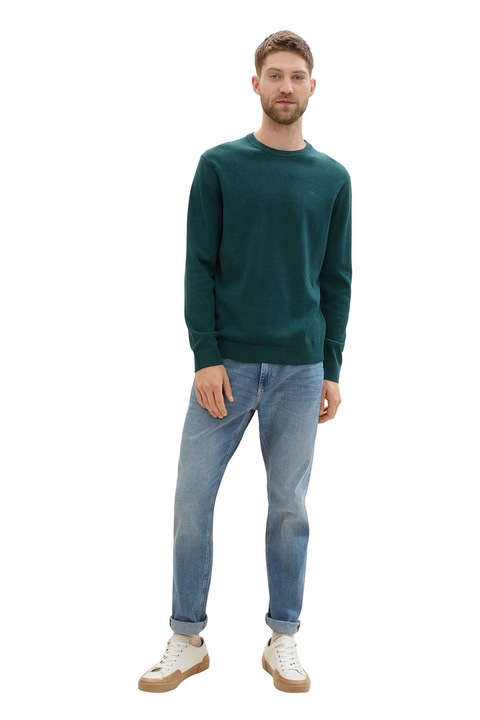 Tom Tailor, Pulover din bumbac cu decolteu la baza gatului, Verde inchis, M