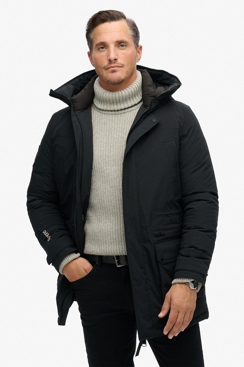 Superdry & Co, Kapucnis télikabát logóhímzéssel, Fekete, L
