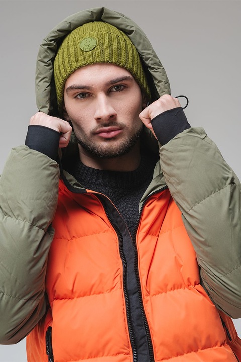 SUPERDRY, Geaca cu gluga si aspect matlasat, Verde/Portocaliu mandarina