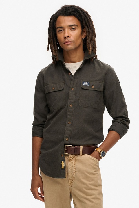 Superdry & Co, Camasa relaxed fit de bumbac cu buzunare pe piept, Kaki