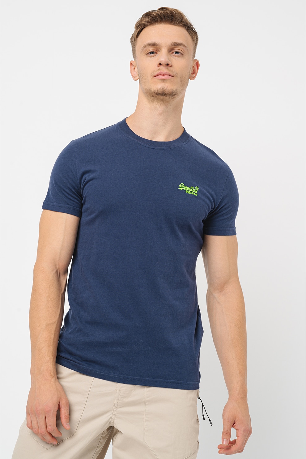 Superdry & Co, Tricou cu decolteu la baza gatului si logo, Indigo, Verde lime, L