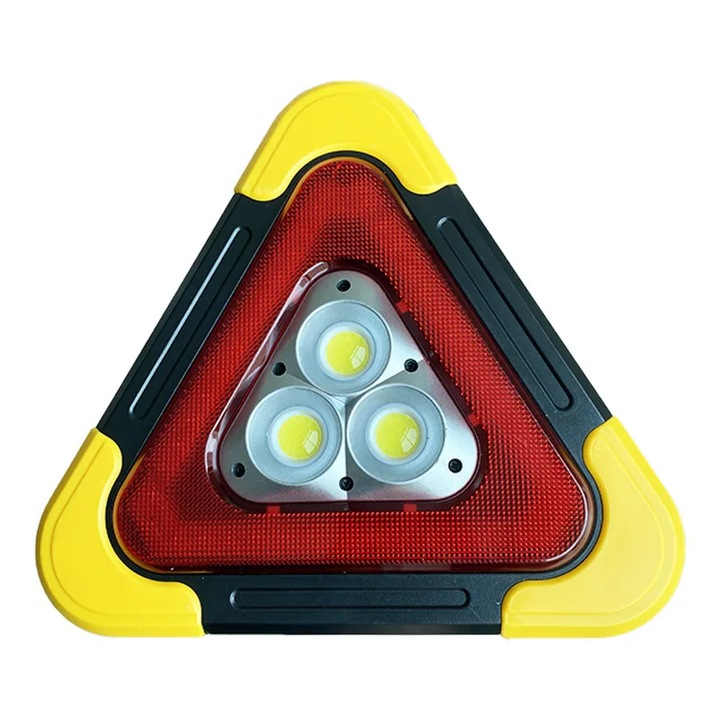 Triunghi Reflectorizant 3 COB 42 LED Rosu, Lampa Multifunctionala, 5 Moduri de Iluminare, Acumulator 2000mAh cu Incarcare Solara, Lanterna de Lucru si Avarie