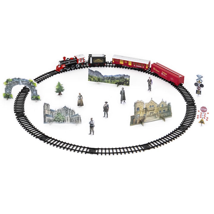 Електрическо влакче Mappy Classic Train, Металик, С аксесоари, Светлини, звуци и пара, 22 части, Червен/Черен