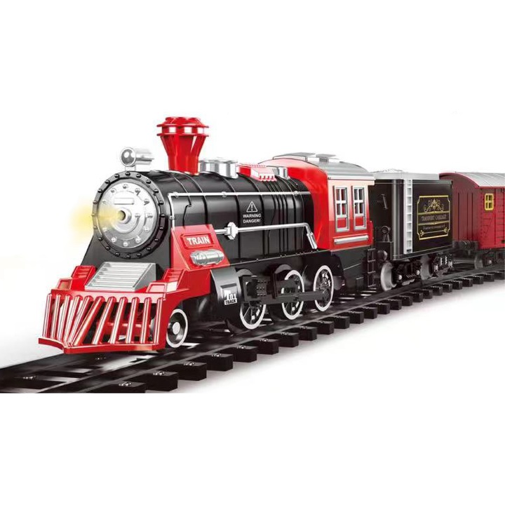 Eлектрическо влакче Mappy Classic Train, Металик, С аксесоари, светлини, звуци и пара, 43 части, Черен/Червен