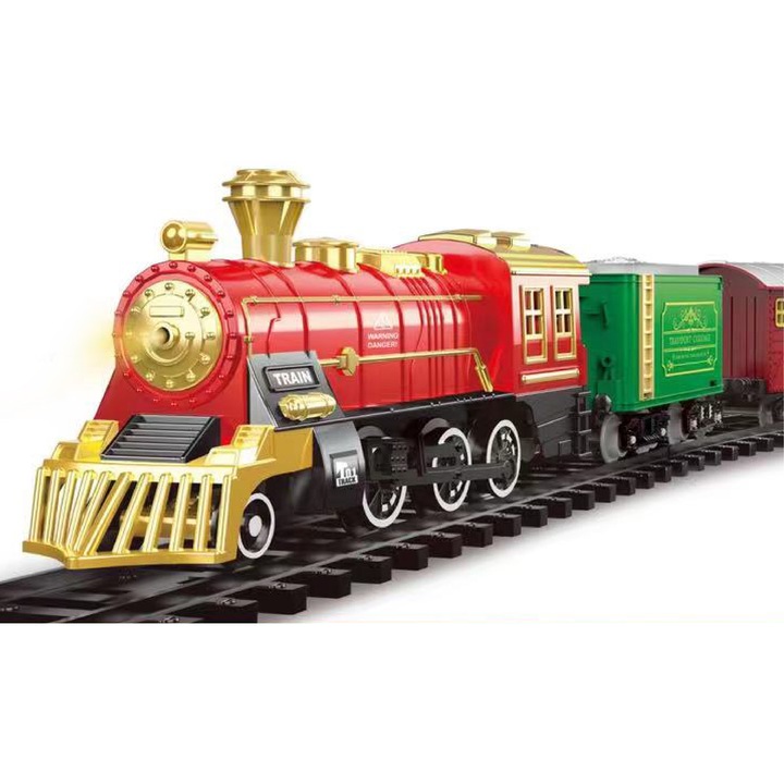 Circuit tren electric Mappy Classic Train, metalic, cu accesorii, lumini, sunete si abur, 43 piese, rosu / verde