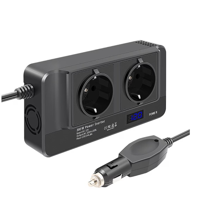 Invertor portabil auto 12V la priza dubla EU 220V, 4 porturi USB, afisaj digital, putere max 400w