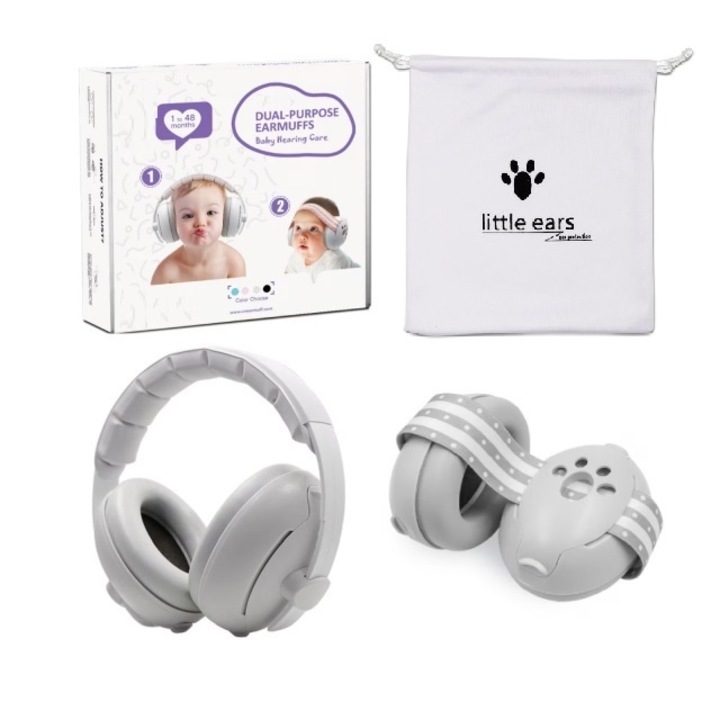 Антифонични слушалки за бебета и деца 2 в 1, регулируеми, намаляване на шума 25dB SNR, сиви, 1-48 месеца, комплект със защитно покритие