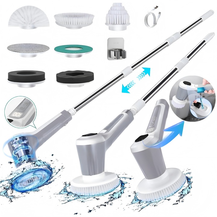 Perie electrica rotativa de curatare, EXCITAT®, 4500mAh, Cu functie de pulverizare, 75 ml, Putere mare de 60W, 7 capete, 2 viteze reglabile, USB, zgomot redus, IPX8 impermeabil, Gri