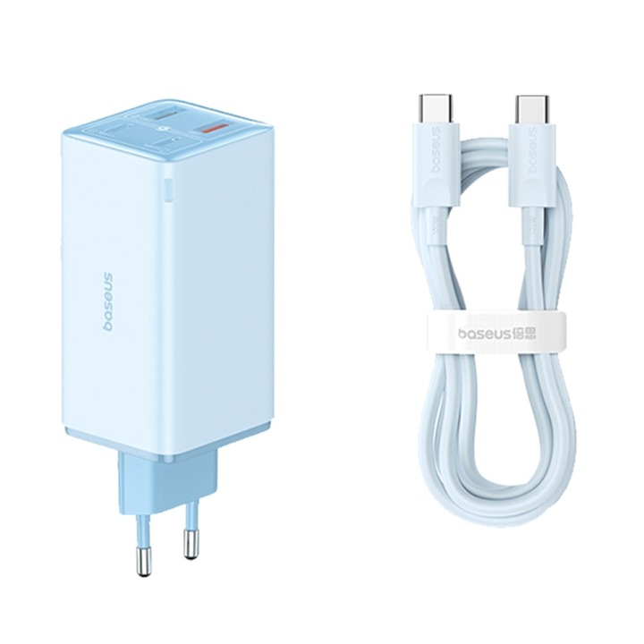 Incarcator 2x USB, 2x Type-C, 100W + Cablu Type-C, 100W, 20V, 5A, 1m - Baseus GaN6 Pro (P10162705312-00) - Blue