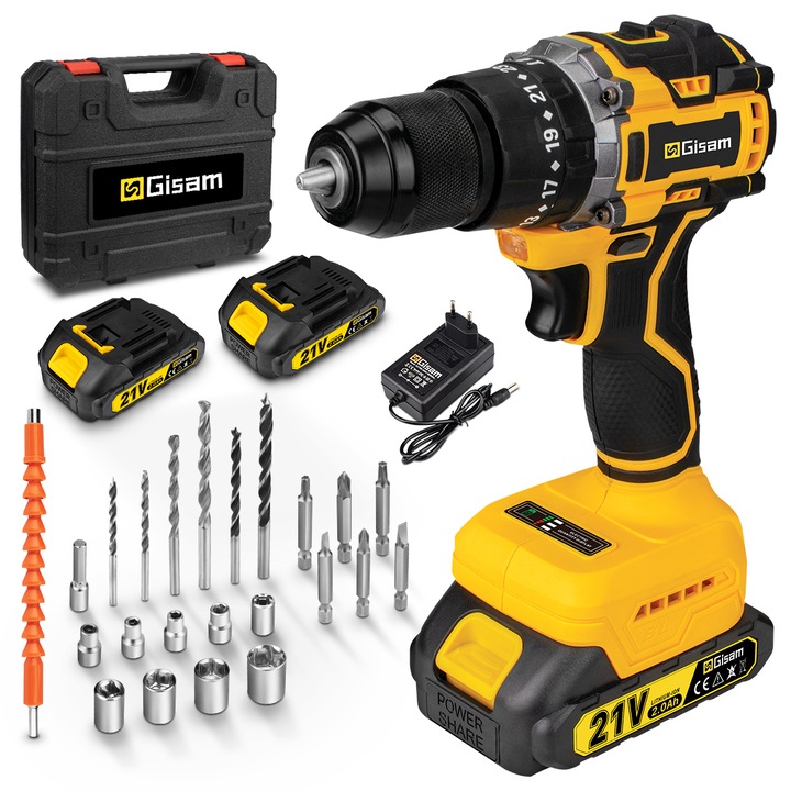 Masina de Gaurit si Insurubat, GISAM, 55Nm,2 Acumulatori 20V 2Ah Li-Ion, 2 trepte 450/1800 RPM, 23+2 setari de cuplu, 24 Accesorii, Cutie Plastic, Portocaliu/Negru