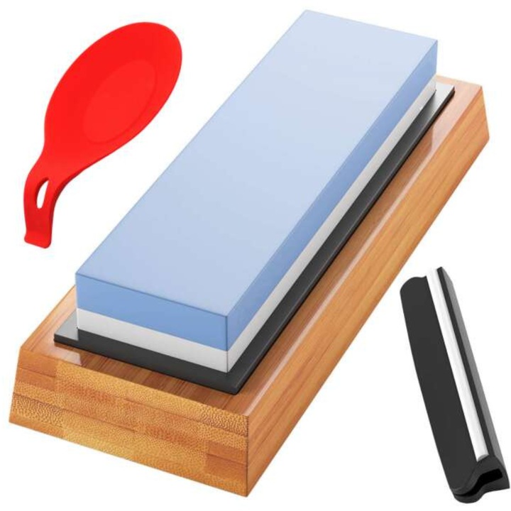 Késélező készlet fenőkővel 2 szemcsés (400/1000), szögvezető, 18x6x3 cm, csúszásgátló bambusz támasz