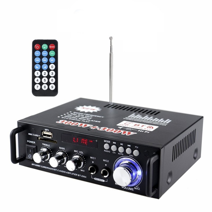 Аудио усилвател Golxmse, Bluetooth, FM радио, USB/SD слот, черен, 13,6x18x5,5 см