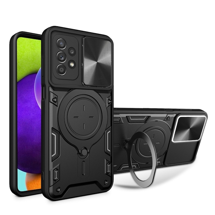Samsung Galaxy A52 4G / A52 5G / A52s 5G tok, CamGuard Pro Kickstand, kameracsúszka, ütésálló, felső védelem, fekete