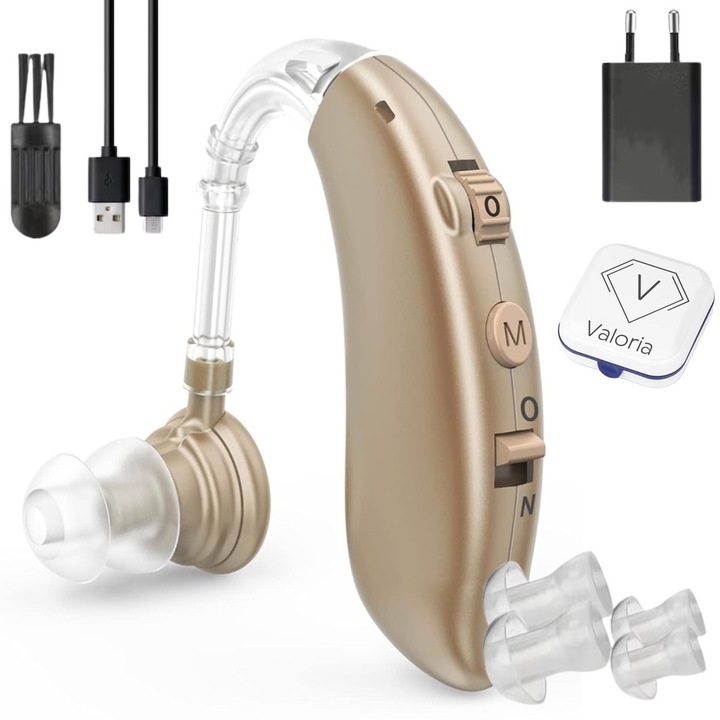 Aparat Auditiv Valoria, Autonomie 100h, 130 dB, Amplificator de Sunet pentru HIPOACUZIE medie-severa, Anulare Zgomot, Asistenta Auditiva pentru Urechi, Proteza Auditiva cu Cablu USB, Incarcator, Perie Curatare si 4x Dopuri incluse