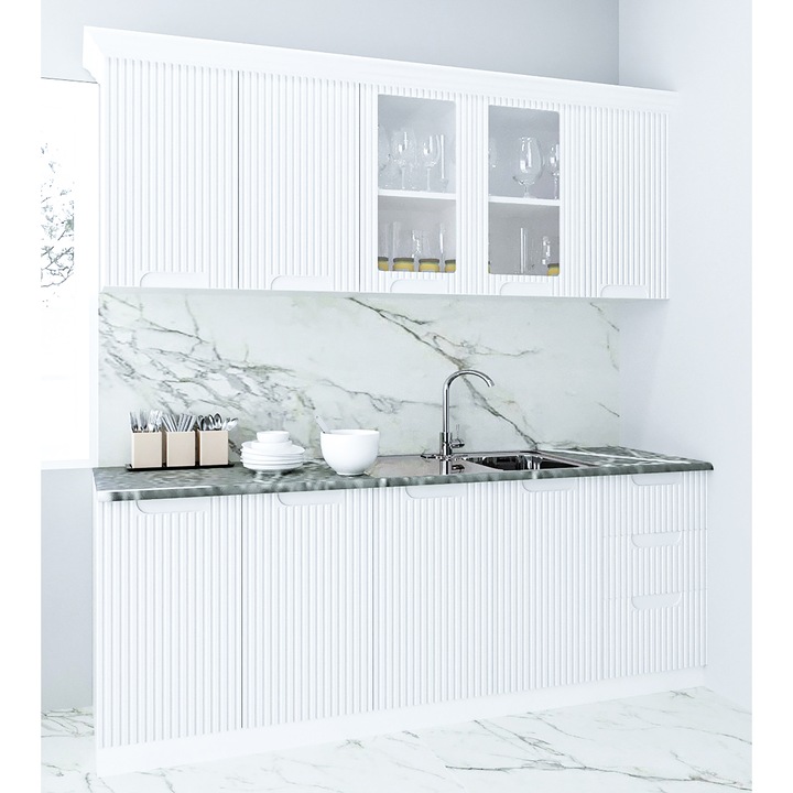 Set bucatarie cu soft-close si fronturi MDF, Badenmob, seria Space, 200.02cm, Alb Rustic