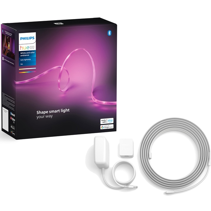 Смарт RGBWW LED лента Philips Hue, Bluetooth, 20W, 1700 lm, Бяла и цветна светлина, Гласово управление, 3 м