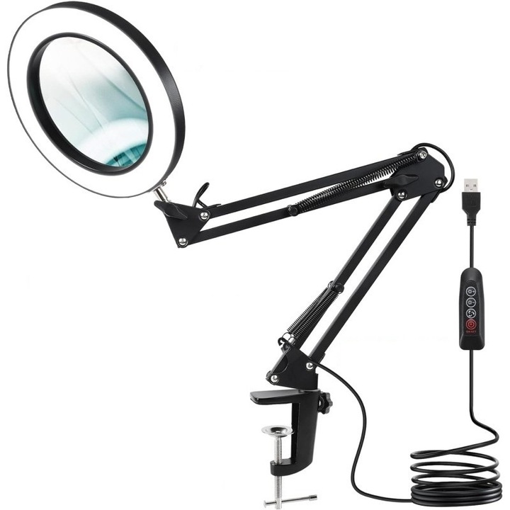 Lupa de masa, cu picior reglabil, x10, lumina reglabila in 3 nuante, conector USB, diametru lentila 10.92cm, MG-1092, Negru