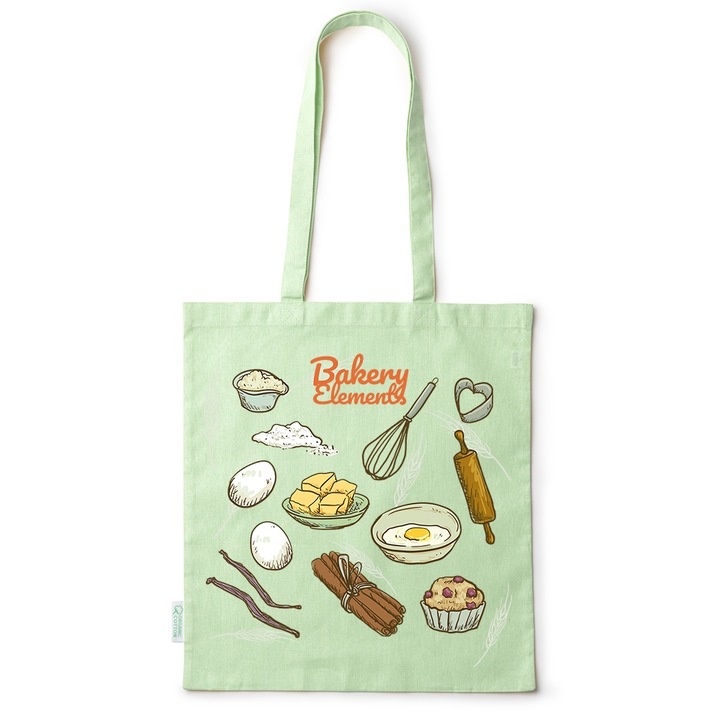 Go For It Shopper fazonú pamut táska mintával, Bakery, 38×42cm, Zöld, GR-BDY101