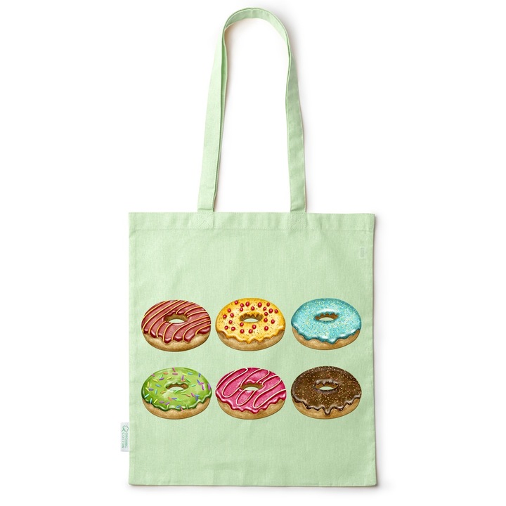 Go For It Shopper fazonú pamut táska mintával, Doughnut, 38×42cm, Zöld, GR-BDY11