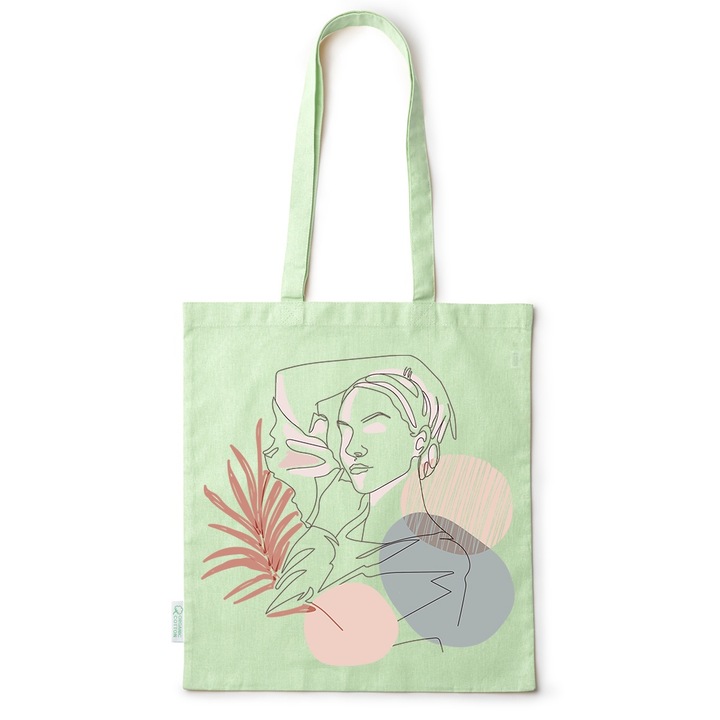 Go For It Shopper fazonú pamut táska mintával, Woman Lineart Abstract, 38×42cm, Zöld, GR-BDY19