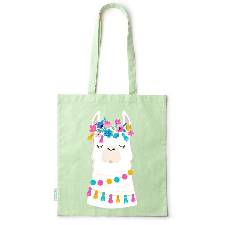 Intelli® Sacosa памучна еко пазарска чанта с дълги дръжки, декоративна лама, 38×42см, зелена, GR-BDY26