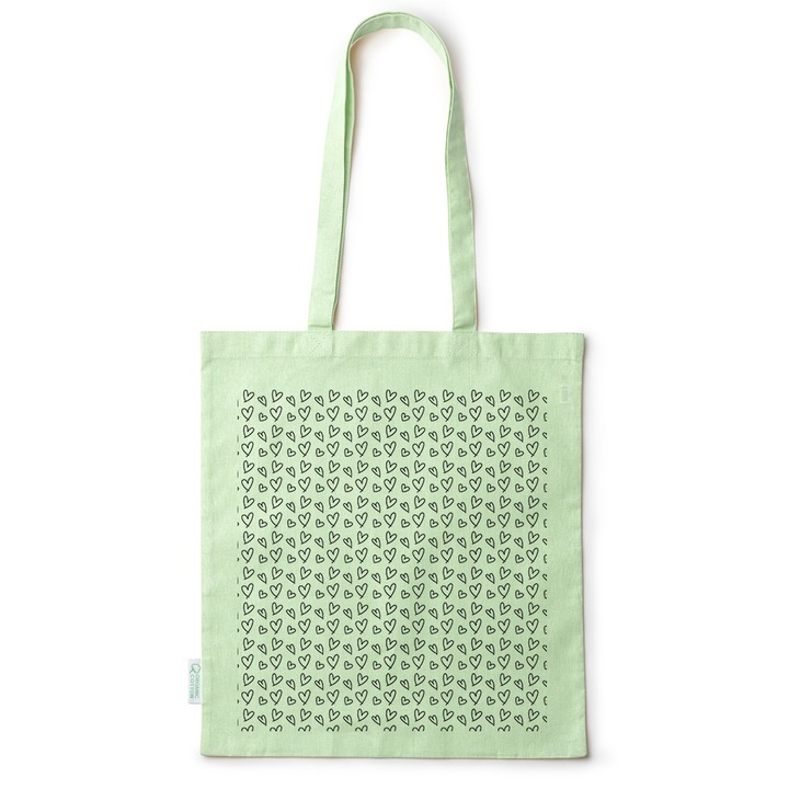 Intelli® Еко пазарска чанта Sacosa от памук с дълги дръжки, Minimalist Heart, 38×42см, Зелена, GR-BDY54