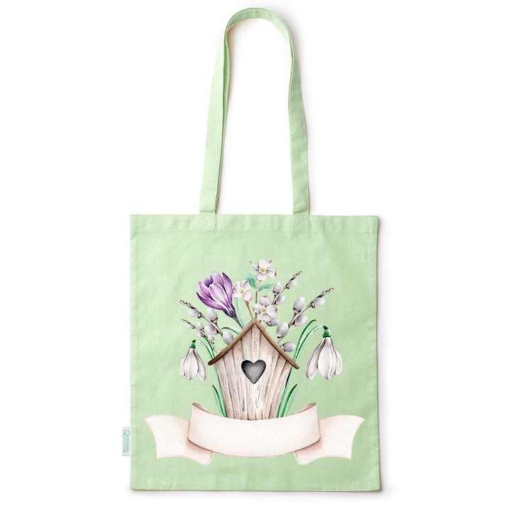 Go For It Shopper fazonú pamut táska mintával, Flowers Collection, Aviary With Spring Flower, 38x42cm, Zöld, GR-BDY5