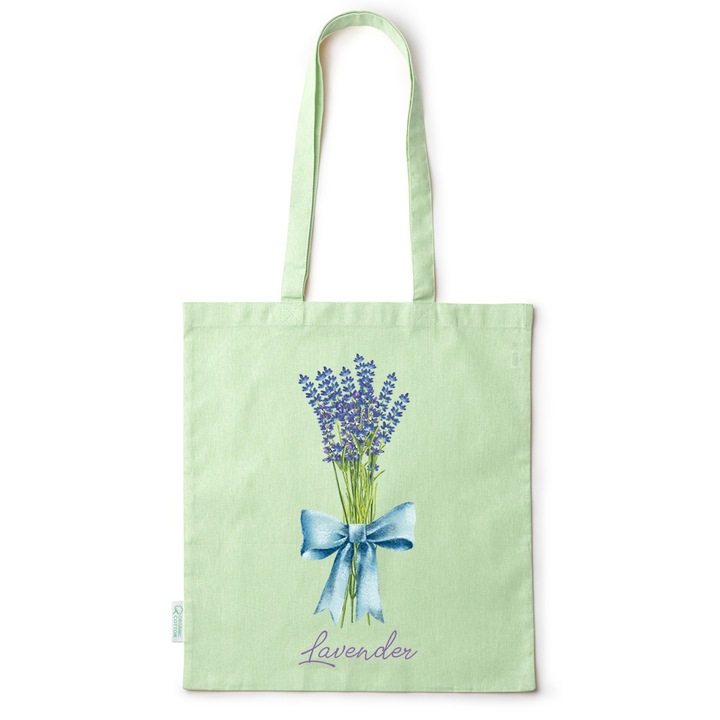 Go For It Shopper fazonú pamut táska mintával, Flowers Collection, Levander, 38x42cm, Zöld, GR-BDY6