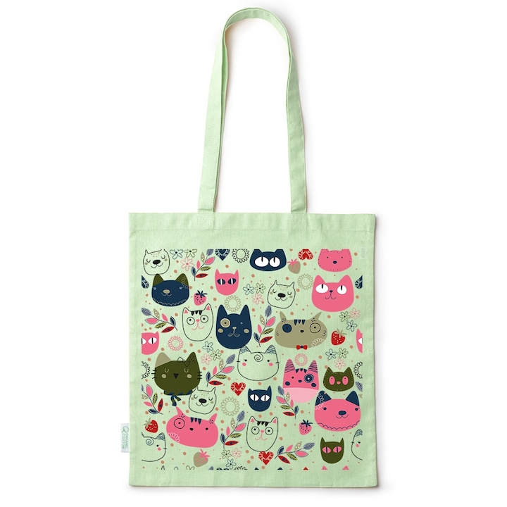 Go For It Shopper fazonú pamut táska mintával, Cats And Plants, 38×42cm, Zöld, GR-BDY68