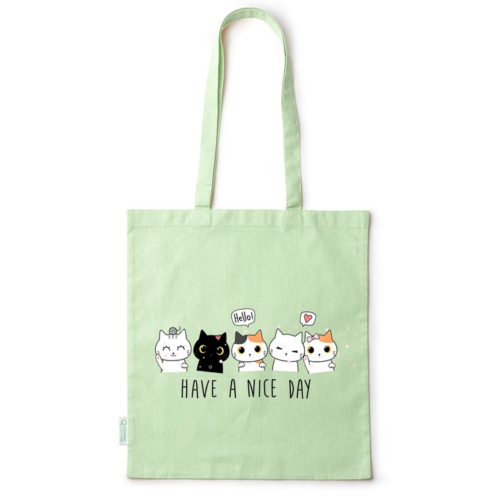 Intelli® Eco-barát pamut bevásárlótáska hosszú füllel, Have A Nice Day, 38×42cm, Zöld, GR-BDY76