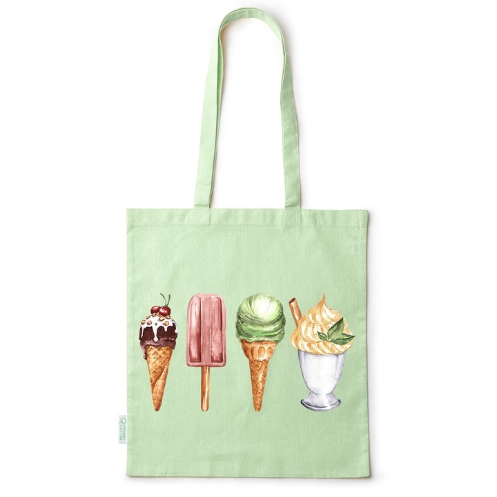 Intelli® Környezetbarát pamut bevásárlótáska hosszú füllel, Ice Cream Selection, 38x42cm, zöld, GR-BDY8