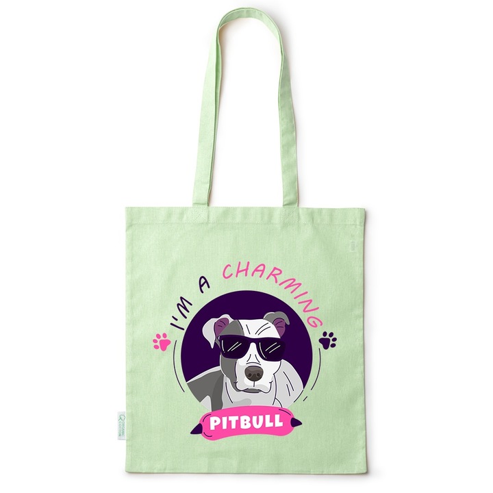 Go For It Shopper fazonú pamut táska mintával, Pitbull, 38×42cm, Zöld, GR-BDY74