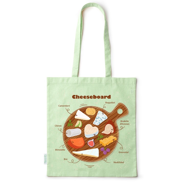 Intelli® Памучна еко чанта за пазаруване Sacosa с дълги дръжки, Дъска за сирене, 38×42см, Зелена, GR-BDY103