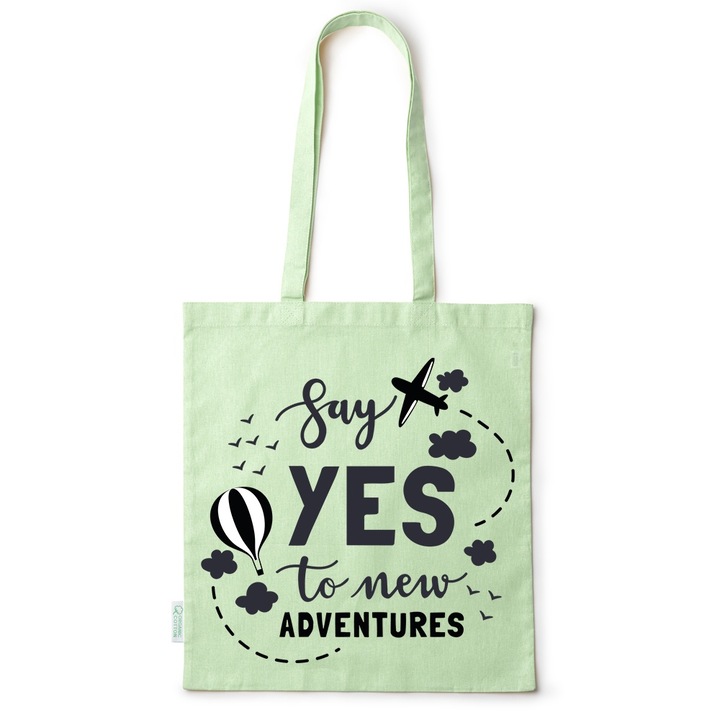 Intelli® Öko-barát pamut bevásárlótáska hosszú füllel, Yes to Adventure, 38×42cm, Zöld, GR-BDY108