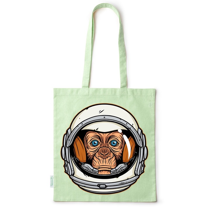 Intelli® Sacosa памучна еко-приятелска чанта за пазаруване с дълги дръжки, Астронавт Маймуна, 38×42см, Зелена, GR-BDY126