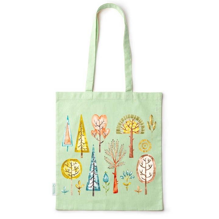 Intelli® Еко чанта за пазаруване от памук Sacosa с дълги дръжки, Минималистични дървета, 38×42см, Зелена, GR-BDY133