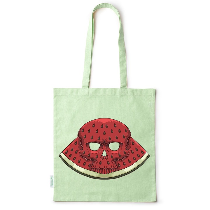 Intelli® Sacosa памучна екологична чанта за пазаруване с дълги дръжки, череп диня, 38×42см, зелена, GR-BDY131