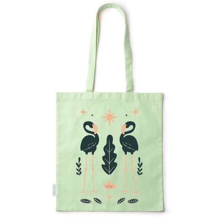 Intelli® Öko-barát pamut bevásárlótáska hosszú füllel, Flamingó, 38×42cm, Zöld, GR-BDY128