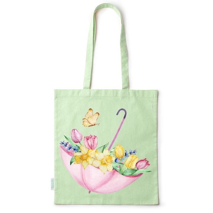 Intelli® Екологична памучна пазарска чанта Sacosa с дълги дръжки, Цветя - Чадър, 38×42см, Зелен, GR-BDY137