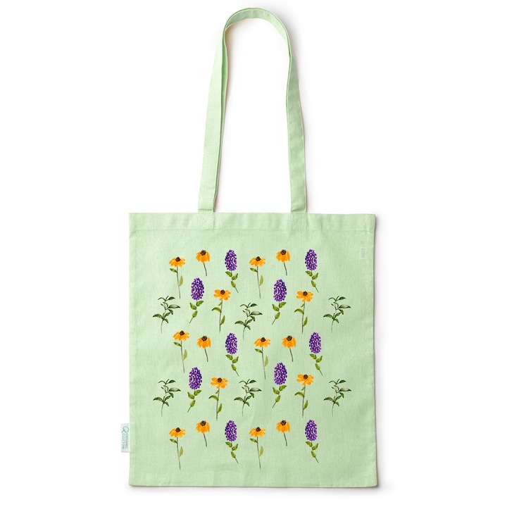 Intelli® Környezetbarát pamut bevásárlótáska hosszú füllel, Virágok, 38×42cm, Zöld, GR-BDY136