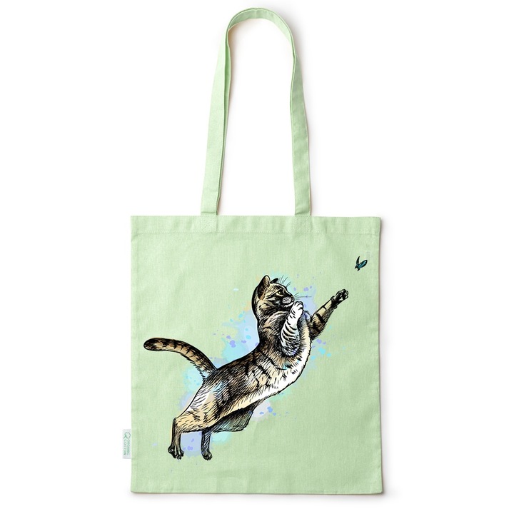 Intelli® Екологична памучна пазарска чанта Sacosa с дълги дръжки, Playing Cat, 38×42см, Зелена, GR-BDY135