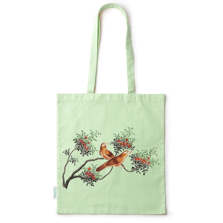 Intelli® Környezetbarát pamut bevásárlótáska hosszú füllel, Madarak az ágon, 38×42cm, Zöld, GR-BDY134